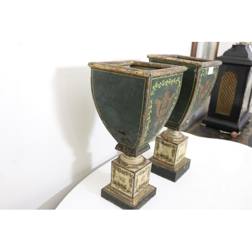 1018 - Two antique toleware square tapering shape urns, each approx 42cm H x 18cm Sq (2)