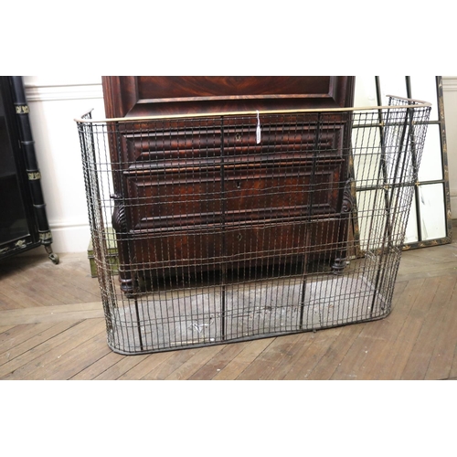 1019 - Antique English brass and wirework fire fender, approx 78cm H x 109cm W x 30cm D