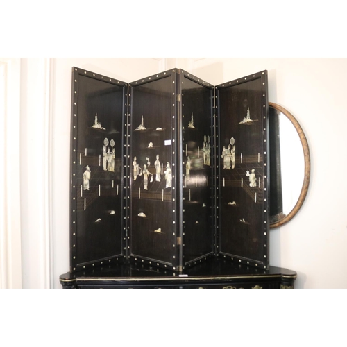 1023 - Chinese ebonized wood and mother of pearl inlaid four fold table screen, each panel approx 97cm H x ... 