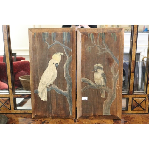 1040 - Silva Roth, two painted wood panels, Kookaburra & Cockatoo, approx 62cm x 30cm each (2)