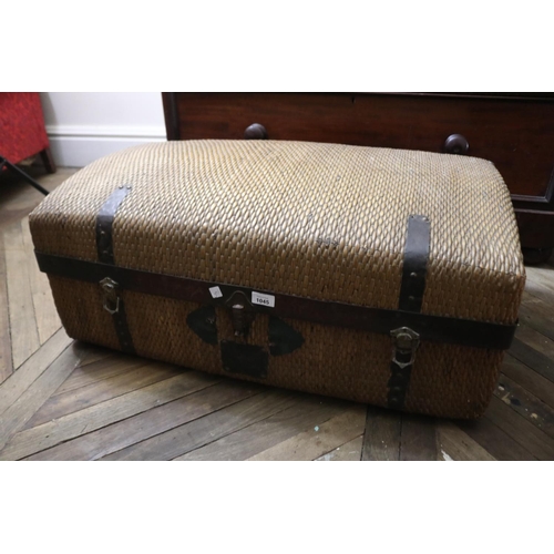 1045 - Large woven cane metal mounted trunk, approx 36cm H x 86cm W x 50cm D
