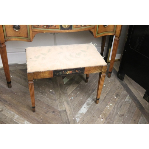 1050 - Antique Edwardian satinwood hand painted bow front ladies dressing table with matching stool, approx... 