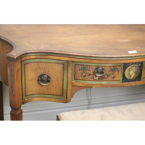 1050 - Antique Edwardian satinwood hand painted bow front ladies dressing table with matching stool, approx... 