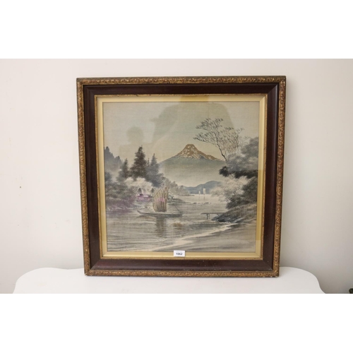 1062 - Japanese silk picture, Mount Fuji lake scene , approx 51 cm x 51 cm
