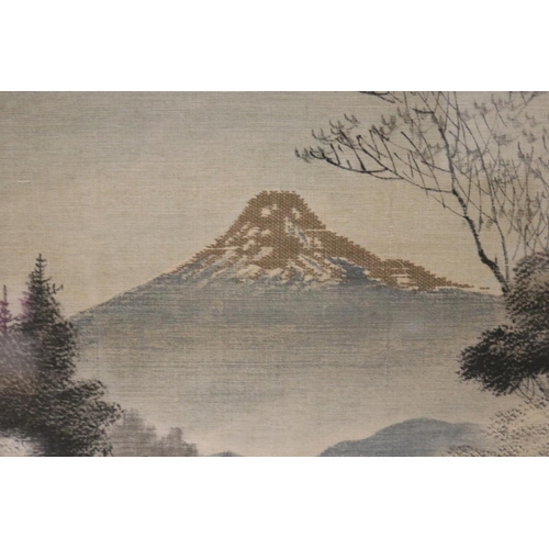 1062 - Japanese silk picture, Mount Fuji lake scene , approx 51 cm x 51 cm