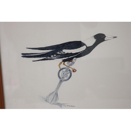 1069 - Tim Markham, magpie on a hand beater, watercolour, signed lower left, approx 39 cm x 49 cm