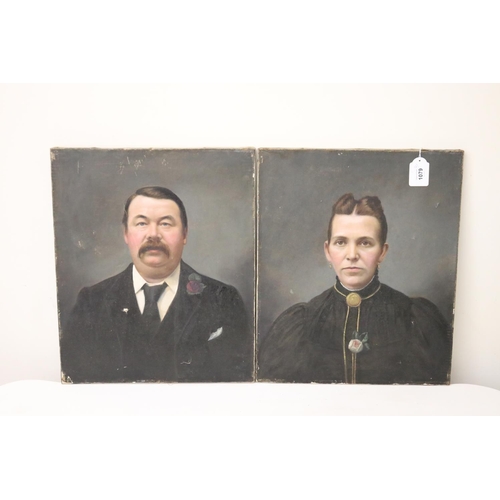 1079 - Pair of antique 19th century portraits of a lady and gent, each approx 45.5 cm x 38 cm (2)