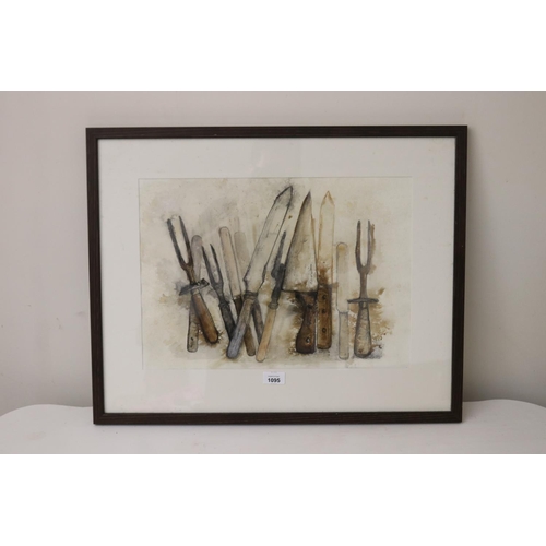 1095 - Elms- watercolour, array of knives & forks, approx 33 cm x 46.5