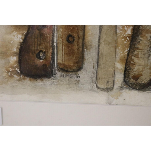 1095 - Elms- watercolour, array of knives & forks, approx 33 cm x 46.5