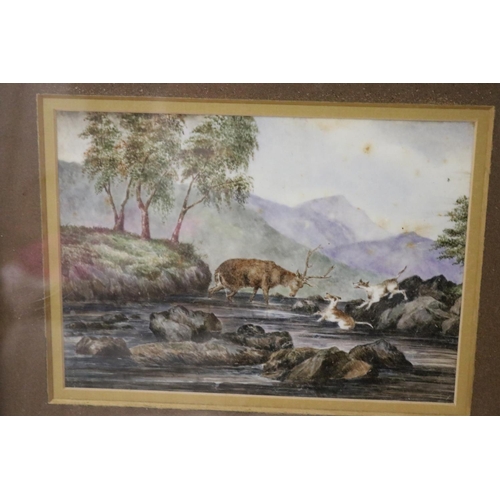 1097 - Framed antique porcelain panel, Deer and hounds, JNG to back, approx 17.5 cm x 25.5 cm
