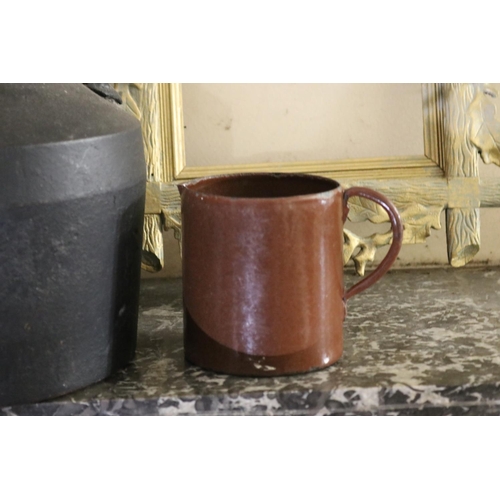1113 - Antique cast iron kettle, along with an antique brown enamel jug, approx 35cm H x 37cm W and smaller... 