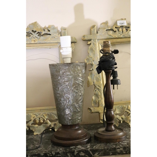1115 - Vintage Art & Crafts pressed metal lamp base, along with a turned wood candlestick shape light, appr... 