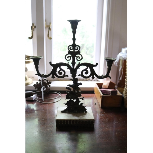 1120 - Antique three stick candelabra, detachable top, all on a rectangular marble base, approx 41cm H x 33... 