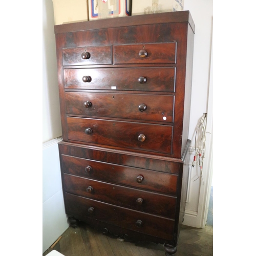 1122 - Large tall antique mahogany chest on chest, approx 206cm H x 118cm W x 54cm D