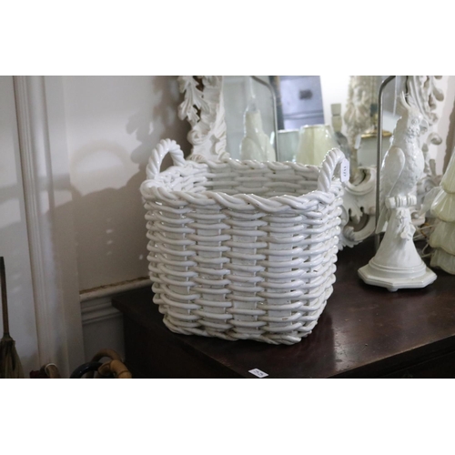 1127 - Large white glazed pottery basket, approx 36cm H including handles x 38cm Sq