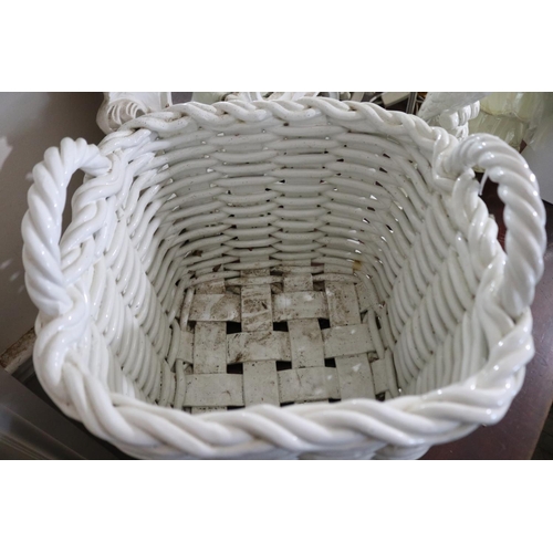 1127 - Large white glazed pottery basket, approx 36cm H including handles x 38cm Sq