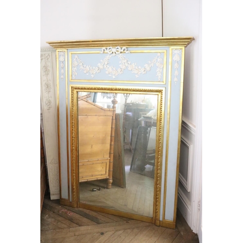 1152 - Fine French style salon mirror, painted with a pale blue ground, with floral swags in relief painted... 