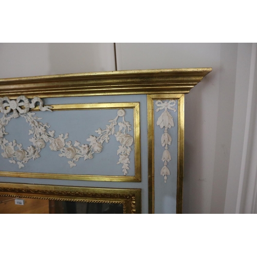 1152 - Fine French style salon mirror, painted with a pale blue ground, with floral swags in relief painted... 