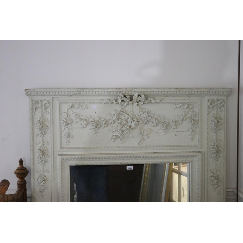1151 - Antique French white painted salon mirror, central floral ribbon crest, approx 157.5 cm x 124 cm