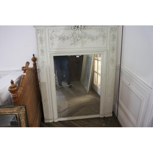 1151 - Antique French white painted salon mirror, central floral ribbon crest, approx 157.5 cm x 124 cm