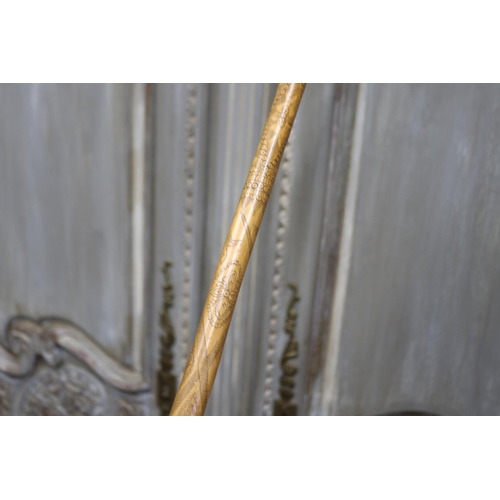 1155 - Fine antique Irish shillelagh all over wriggle work decorated walking stick, showing four leaf clove... 