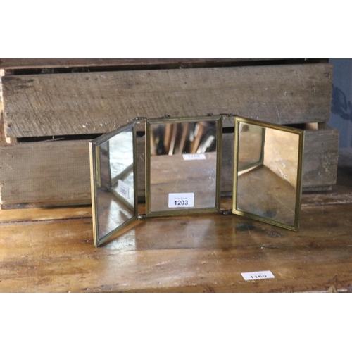 1203 - Vintage small portable three fold mirror, approx each panel 15cm H x 11cm W
