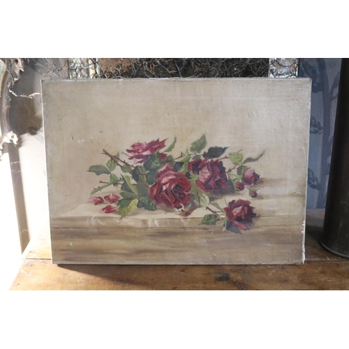1181 - E.S.B antique still life of roses, oil on canvas, approx 41cm H x 56cm W