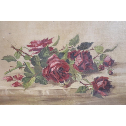 1181 - E.S.B antique still life of roses, oil on canvas, approx 41cm H x 56cm W