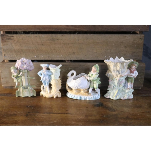 1202 - Four coloured bisque antique figures, approx 12cm H x 12cm W and smaller (4)