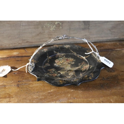 1209 - Mother of pearl swing handle paper mache dish, approx 9cm H including handle x 22cm Dia