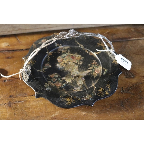 1209 - Mother of pearl swing handle paper mache dish, approx 9cm H including handle x 22cm Dia