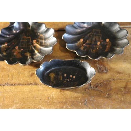 1211 - Two shell form Papier Mache dishes along with another, approx 14cm W and smaller (3)
