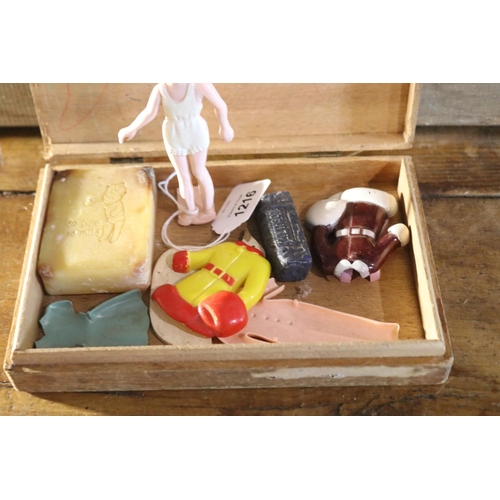 1216 - Wooden box with vintage doll with plastic clothing, c 1940's-50's box approx  4cm H x 21cm W x 14cm ... 