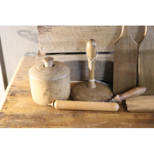 1218 - Swan butter press, assortment of butter pats etc, approx 35cm L and smaller