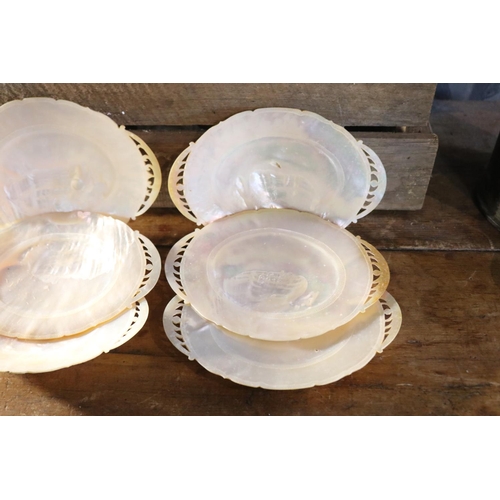 1222 - Set of six carved mother of pearl dishes, approx 22cm x 16cm each