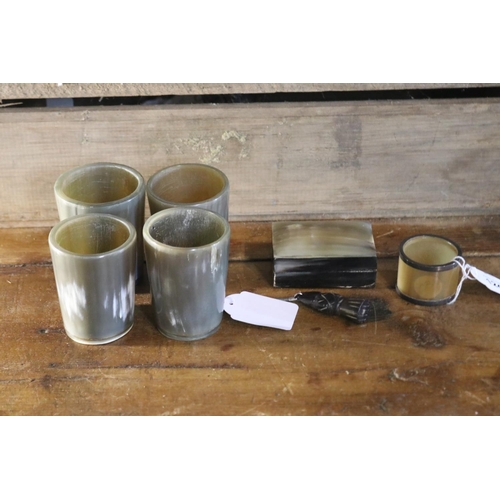 1241 - Horn tumblers, box, napkins ring etc