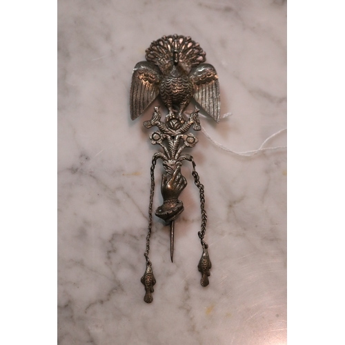 1264 - Unusual peacock and hand brooch, approx 16cm L