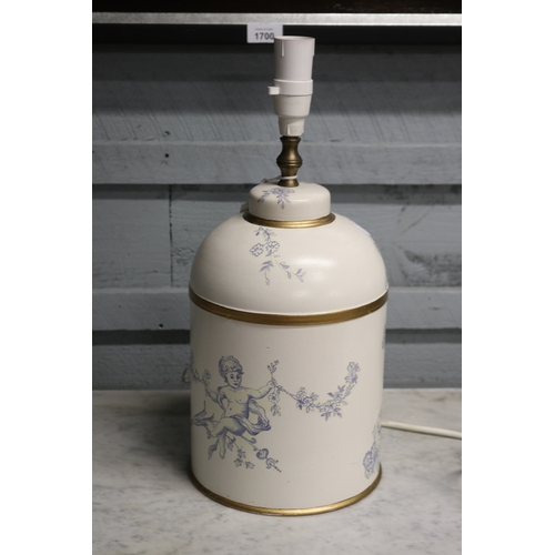 1716 - Hand painted Toleware blue lamp wired, approx 43cm H