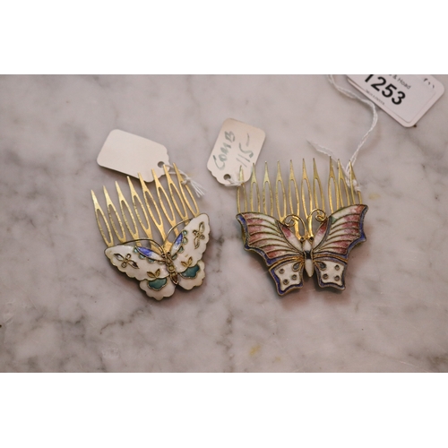 1253 - Two enamel butterfly hair combs (2)