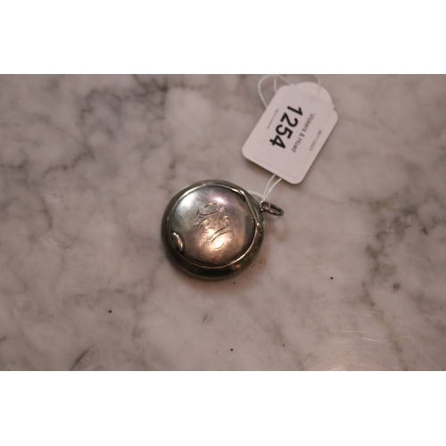 1254 - Antique silver compact pendant with mirror and gilt washed interior, approx 4cm D