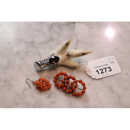1273 - Two vintage brooches, coral bead and the Scottish and a earrings (3)