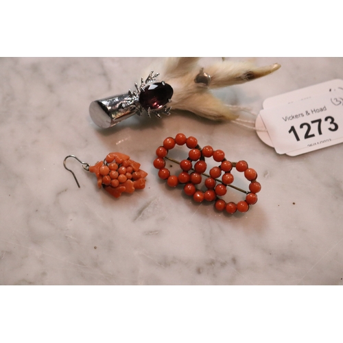 1273 - Two vintage brooches, coral bead and the Scottish and a earrings (3)