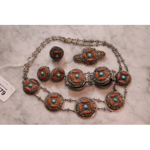 1279 - Chinese suite of filagree silver, turquoise and coral necklace, bracelet, earrings, ring and brooch