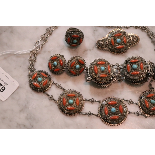 1279 - Chinese suite of filagree silver, turquoise and coral necklace, bracelet, earrings, ring and brooch