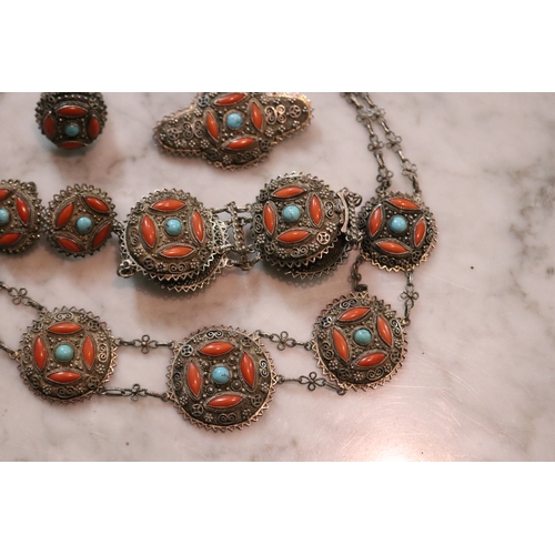 1279 - Chinese suite of filagree silver, turquoise and coral necklace, bracelet, earrings, ring and brooch