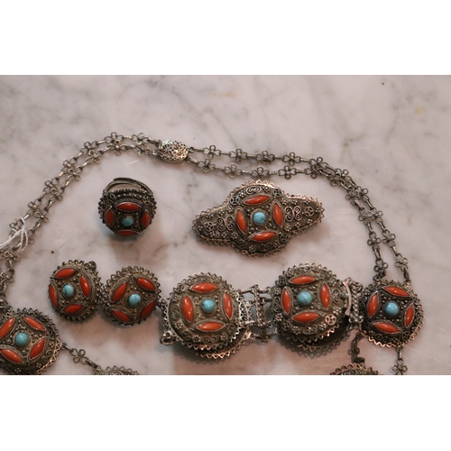 1279 - Chinese suite of filagree silver, turquoise and coral necklace, bracelet, earrings, ring and brooch