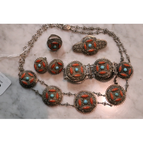 1279 - Chinese suite of filagree silver, turquoise and coral necklace, bracelet, earrings, ring and brooch