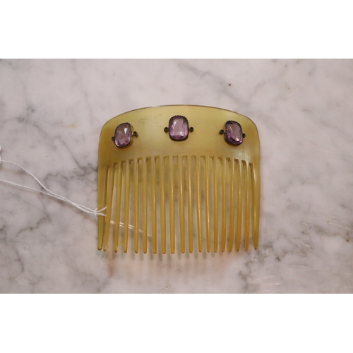 1280 - Horn? hair comb set with three faux amethyst coloured stones