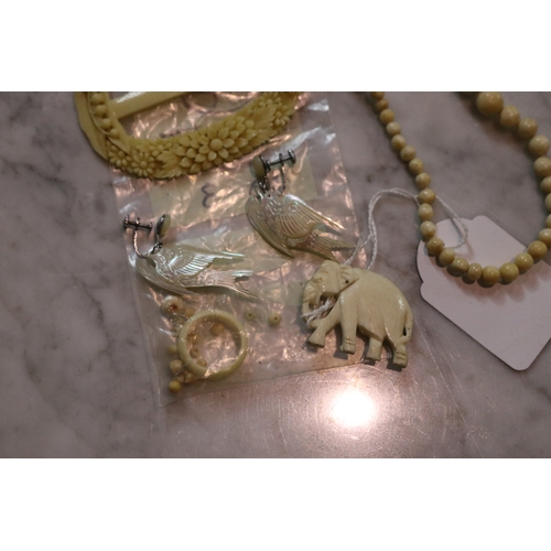 1288 - Assortment elephant, mother of pearl earring, Bakelite buckle, necklace
