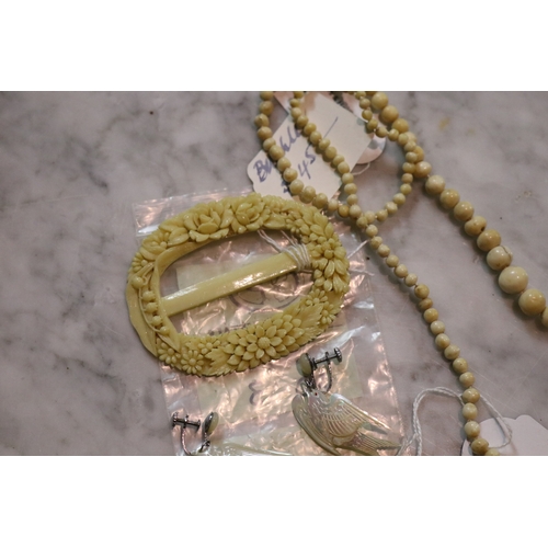 1288 - Assortment elephant, mother of pearl earring, Bakelite buckle, necklace